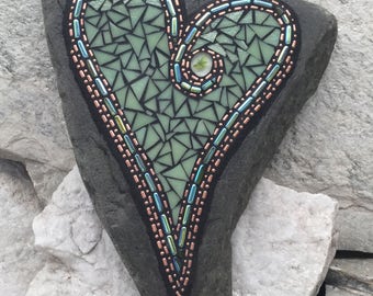 Olive Green Mosaic Heart, Mosaic Garden Stone. Gardener Gift