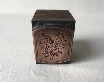 Vintage Letterpress Copper on Wood Block Featuring Roses for Printing and Stamping
