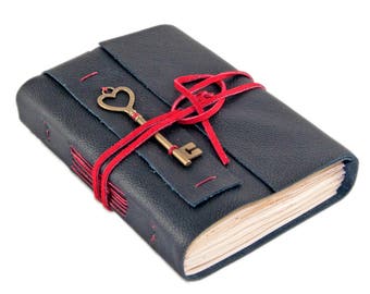 Black Leather Journal with Tea Stained Paper - Heart Key - Travel Journal - Rustic - Ready to Ship -