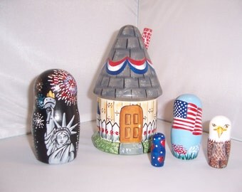 Hand painted Patriotic House stacking nesting doll set