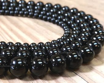 Wholesale Full Strand Natural Black Onyx Smooth Round 4 , 6 , 8 , 10 or 12 mm Gemstone Beads (G4835N-S,Q5)
