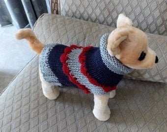 Dog Sweater Hand Knit xxsmall Toy Chihuahua 10" long wool