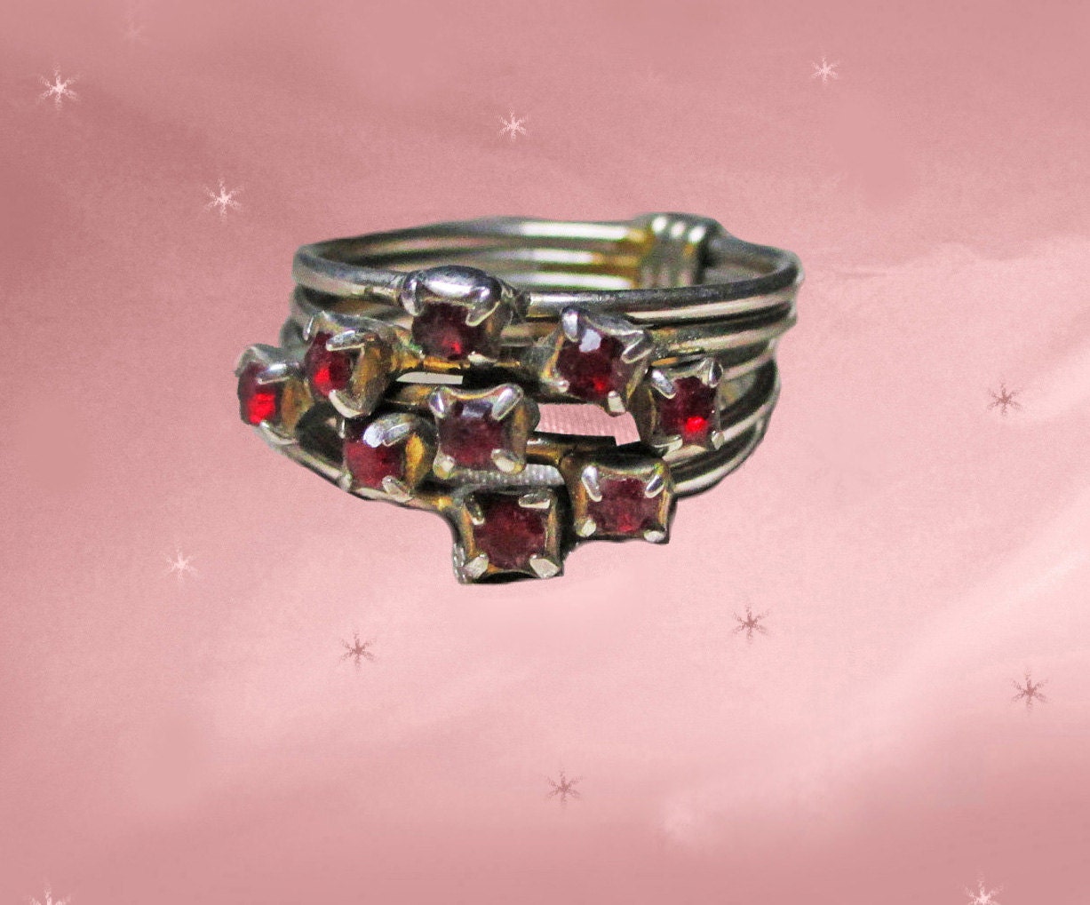 Vintage Stackable Rings 1960s Stacking Ruby Rhinestone Rings