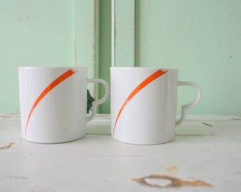 Vintage LOVE MUG Set of 2.....coffee. tea. striped. retro housewares. kitsch. 80s housewares. gift. kitchen. drink. orange. galaxy. atomic