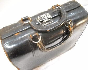 Vintage Black Hard Leather Briefcase Attache Case Medical Bag