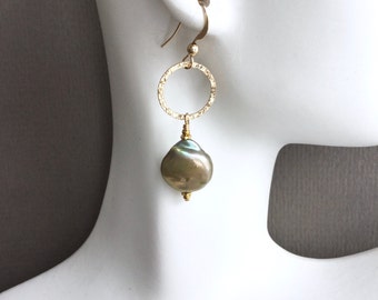 Sage green coin pearl earrings, gold accents, 14kt gold filled everyday, Mother's day jewelry E207