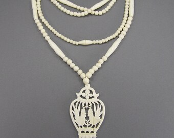Chinese Rooster Pendant, Carved Bone, Vintage Necklace, Repurpose or Wear, 60's, Asian Jewelry, Chicken in a Pot