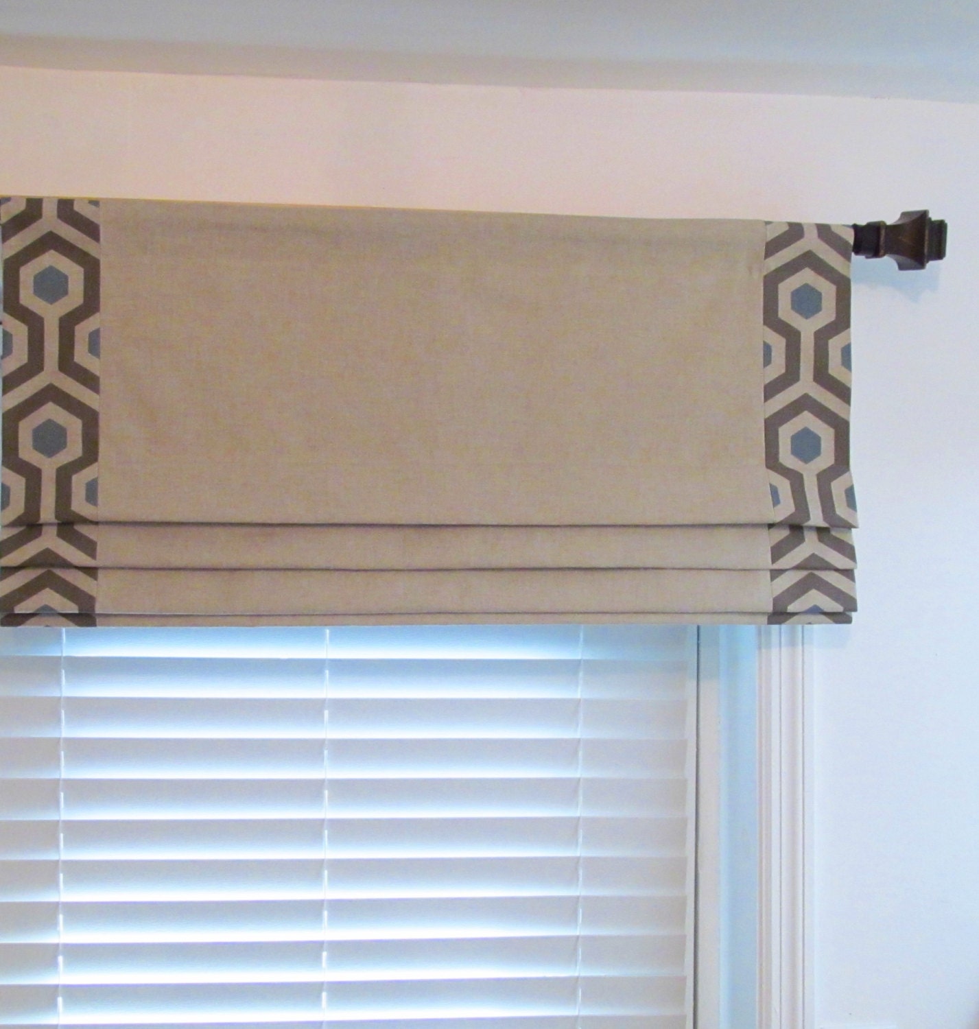Banded Faux Roman Shade Natural/Blue Linen Fake Roman Lined