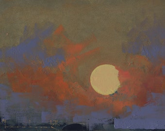 Original Oil Painting Abstract Landscape Painting by John Shanabrook - 5 x 7 - A Moon and Its Star