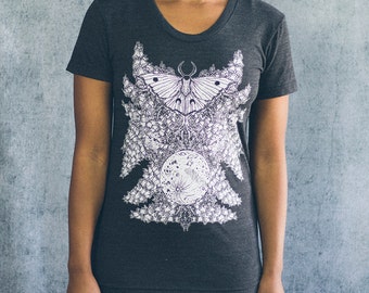 Luna Moth and Moon Botanical Screen Print Charcoal Heather Women's Scoop Neck T-Shirt