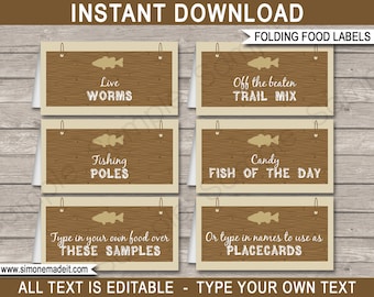 Fishing Food Labels - Fishing Theme Party - Printable Party Decorations - Placecards - Food Buffet Tags - INSTANT DOWNLOAD - EDITABLE text
