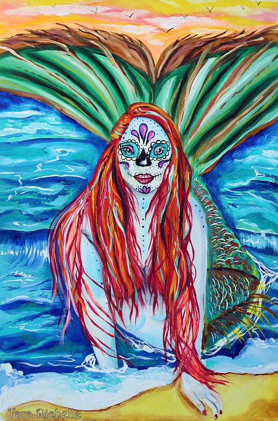 Mermaid painting sugar skull dia de los muertosday of the