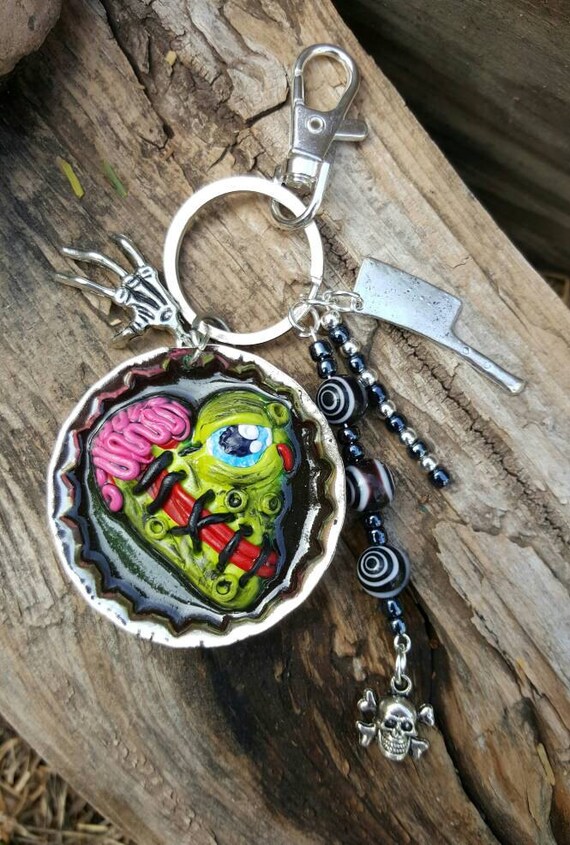 Items similar to Zombie, heart, keychain, skull, hand, meat cleaver