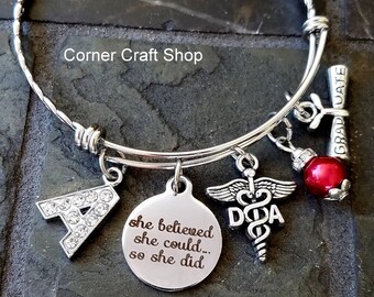 DA Dental Assistant Dentist Stainless Steel Personalized Bangle Charm Bracelet Diploma Charm Graduation Grad Gift