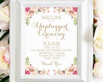 Unplugged Ceremony Sign | 11 x 14 Sign | DIY Printable | Vintage | Antique Gold | Romantic Blooms | PDF and JPG Files | Instant Download