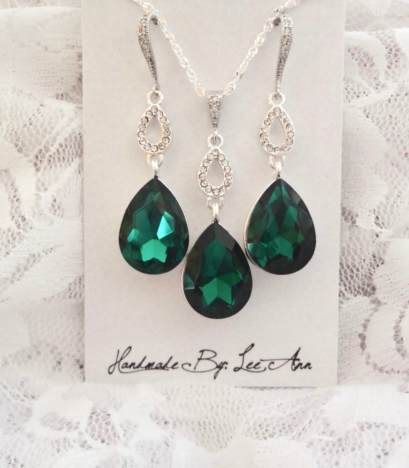 Emerald jewelry set 3 piece brides jewelry set Emerald