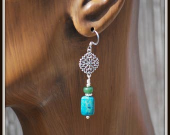 Azurite Earrings, Azurite Jade Earrings, Blue Green Stone Earrings, Filigree Earrings, Azurite Filigree Earrings