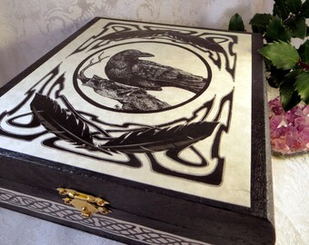 Celtic Raven Box, Crow Tarot Box, Pagan Wiccan Magic Storage Box, Raven Totem Gift Box, Jewelry Trinket Box, Black Wooden Box, Celtic Decor