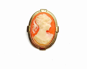 Small Cameo BROOCH, Pink and White, Antique Gold Tone, Art Deco, Victorian, Item No. B705