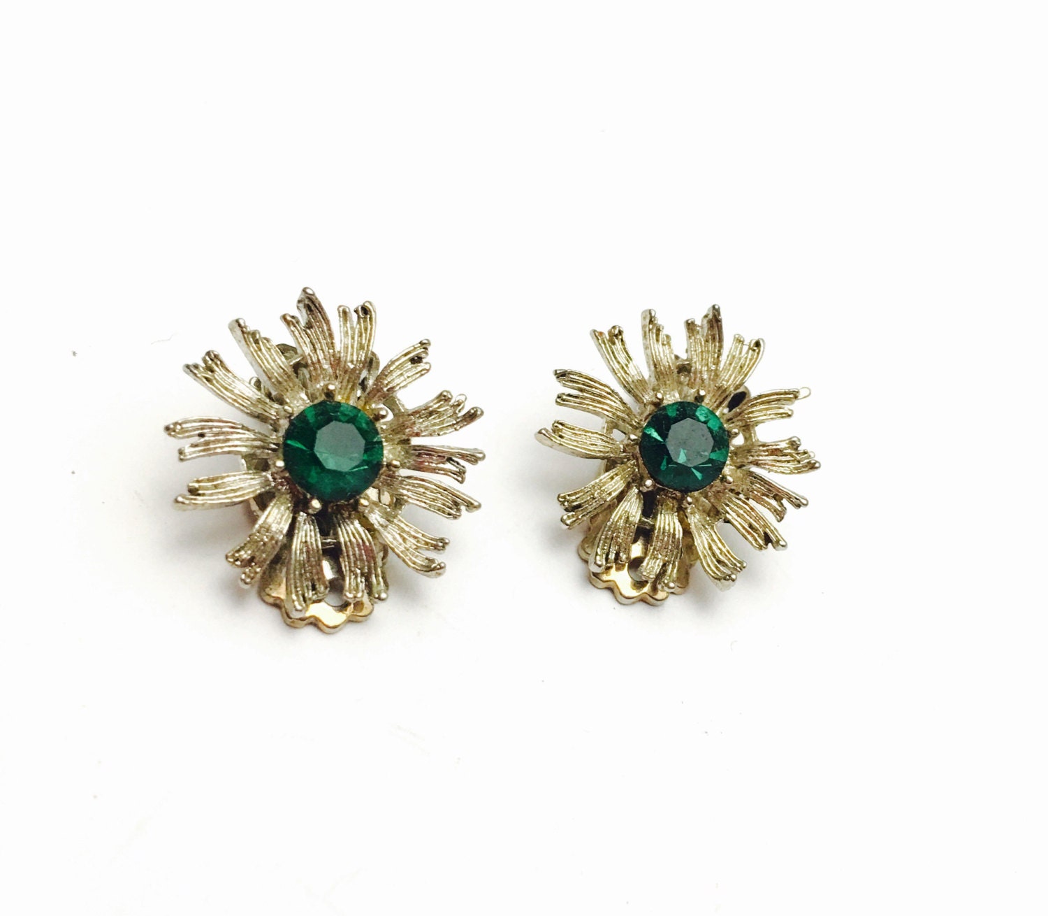 Vintage Clip On Earrings Emerald Green Rhinestones Silver