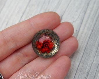 Red rose cabochon on teal green with gold, Lampwork cabochon for jewellery making, wire wrapping, seed beading