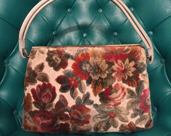 Vintage - 1950s Tapestry Purse/ Handbag with Ivory Vinyl Handle