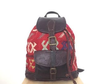 Vintage Leather Kilim Backpack // Woven Carpet Bag