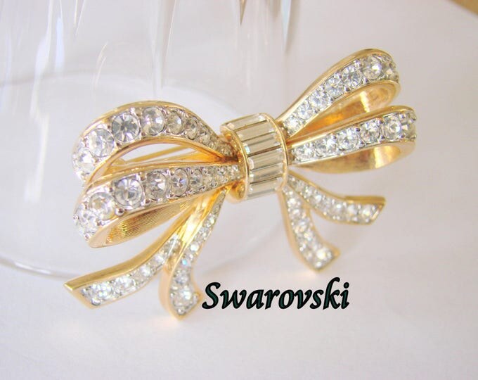 1980s-1990s Swarovski Crystal Chaton Baguette Ribbon Bow Brooch Swan Logo Rhodium Rose Gold Plate Designer Signed Jewelry Jewellery