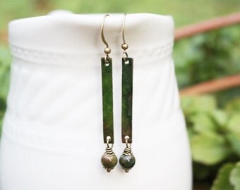 Green Mixed Media Earrings, Mixed Media Jewelry, Long Earrings, Recycled, Gemstone, Bohemian Earrings, Green Earrings, Beaded Jewelry