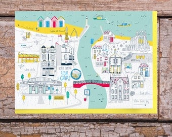 Whitby Greeting Card. Whitby map illustration. Whitby, North Yorkshire.