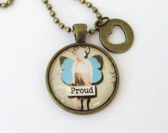 Word Jewelry Proud Pendant Necklace, 25 mm Round Glass Vintage Brass Bronze Handmade Pendant/Necklace, 30 inch chain