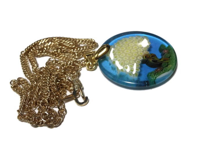 FREE SHIPPING Millefiori glass tree pendant, dark blue disc, yellow flower leaves, 14k gold plated chain, Singapore chain, marked 14KGP