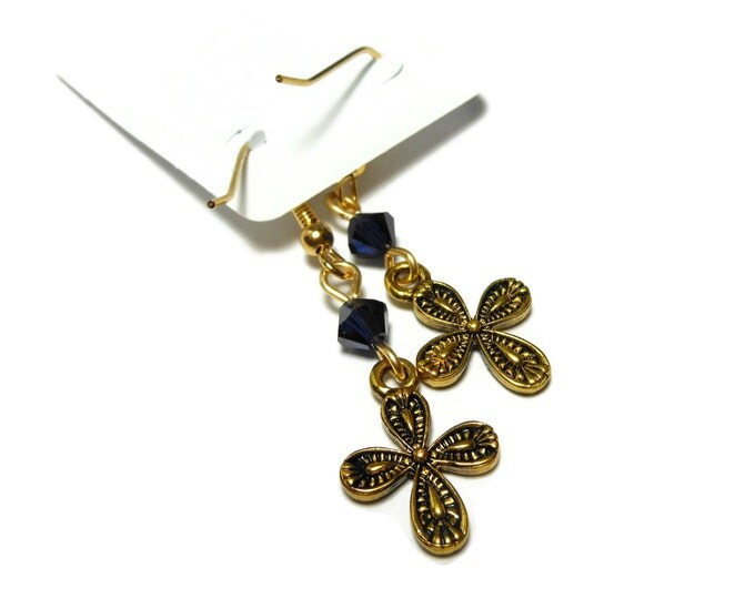 FREE SHIPPING Small cross earrings, gold tone ornate crosses, gold plated french wires, sapphire blue Swarovski crystals, dangle earrings