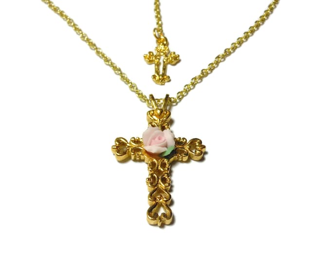 FREE SHIPPING Gold rose cross pendant, detailed floral pendant with gold chain, cross with porcelain pink rose, extender with small cross