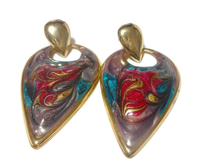 FREE SHIPPING Swirled enamel earrings, teardrop shape, color swirl finish, mod pierced earrings, marble effect, gold tone
