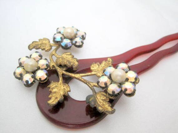 Tortoiseshell Lucite Hair Comb - Rhinestone Flowers - Decorative Wedding Comb