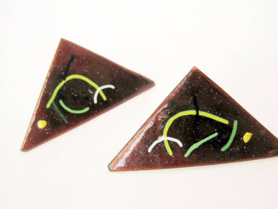 Red Enamel on Copper Earrings - Mid Century - 60's Modernist Screw Back