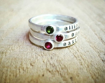Stacking Birthstone and Name Ring, Birthstone ring with name, Mothers Ring, Stacking birthstone rings, Stackable name rings, Custom name