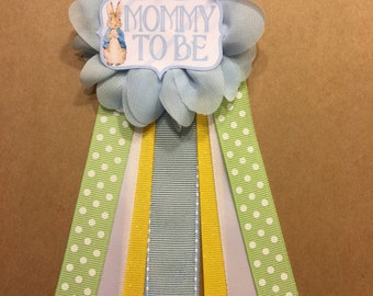 Peter rabbit blue Baby Shower Pin Mommy to be pin Flower Ribbon Pin Corsage Glitter Rhinestone Mommy Mom New Mom storybook shower