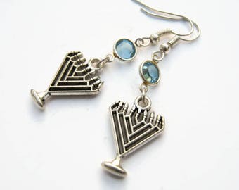 Menorah Birthstone Earrings, Personalized Hanukkah Earrings, Judaism Earrings, Jewish Jewelry, Religious Gift, Jewish Earrings