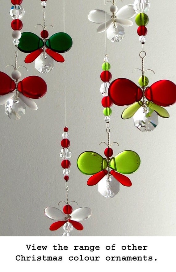 Red Christmas Ornament Rear View Mirror Charm Green Butterfly