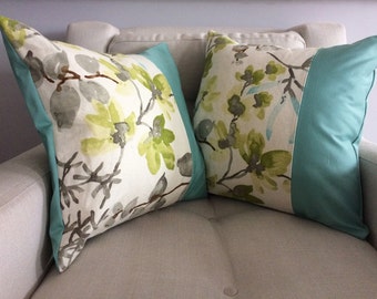 2 Braemore Linen Pillow Covers, 18x18 Set, Color Block, Gazebo, Cloud, Pair Patchwork Cushion Covers, Teal Contemporary Decor, Designer