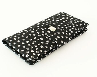 Card Wallet Organizer, Fabric Checkbook Cover, Women's Long Phone Purse, Travel Case Clutch, Handmade Wallet - cat dog paws in black
