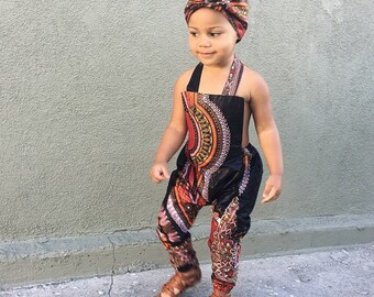 Baby girl toddler vintage inspired playsuit romper jumpsuit african prints 0-3m - 5T Black Dashiki