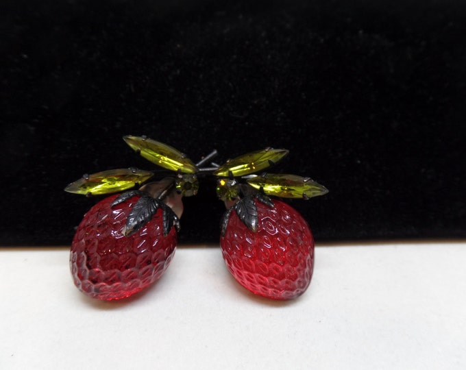 AUSTRIA Signed Vintage Carved Glass Strawberry Earrings!