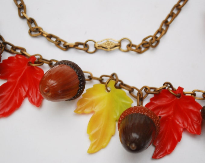 Leaf Acorn Bib Necklace - Early Vintage Plastic - Fall Autumn Leaves - Yellow orange Brown - Brass chain