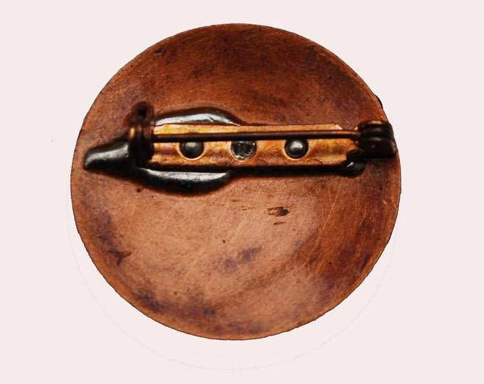 Modern Enamel Copper Brooch - Mid Century - White black yellow swirl - Round Mod Pin