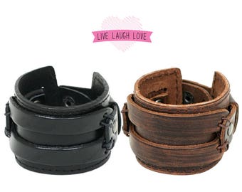 Genuine Leather Cuff Bracelet for Men, Chunky Super Wide, Johnny Depp, Cover Wrist Tattoo Snap Closure Stitched Double Band Black Brown B063