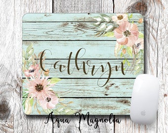 Watercolor Pink Flowers - Weathered Wood - Monogrammed Mouse Pad - Desk Accessory - Personalized Mouse Pad