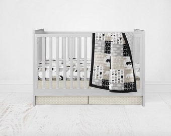 Neutral Crib Bedding Set - Woodland Adventure Black, Grey, & Tan Patchwork Wholecloth Crib Quilt Stag Deer Bear Fitted Sheet Crib Skirt